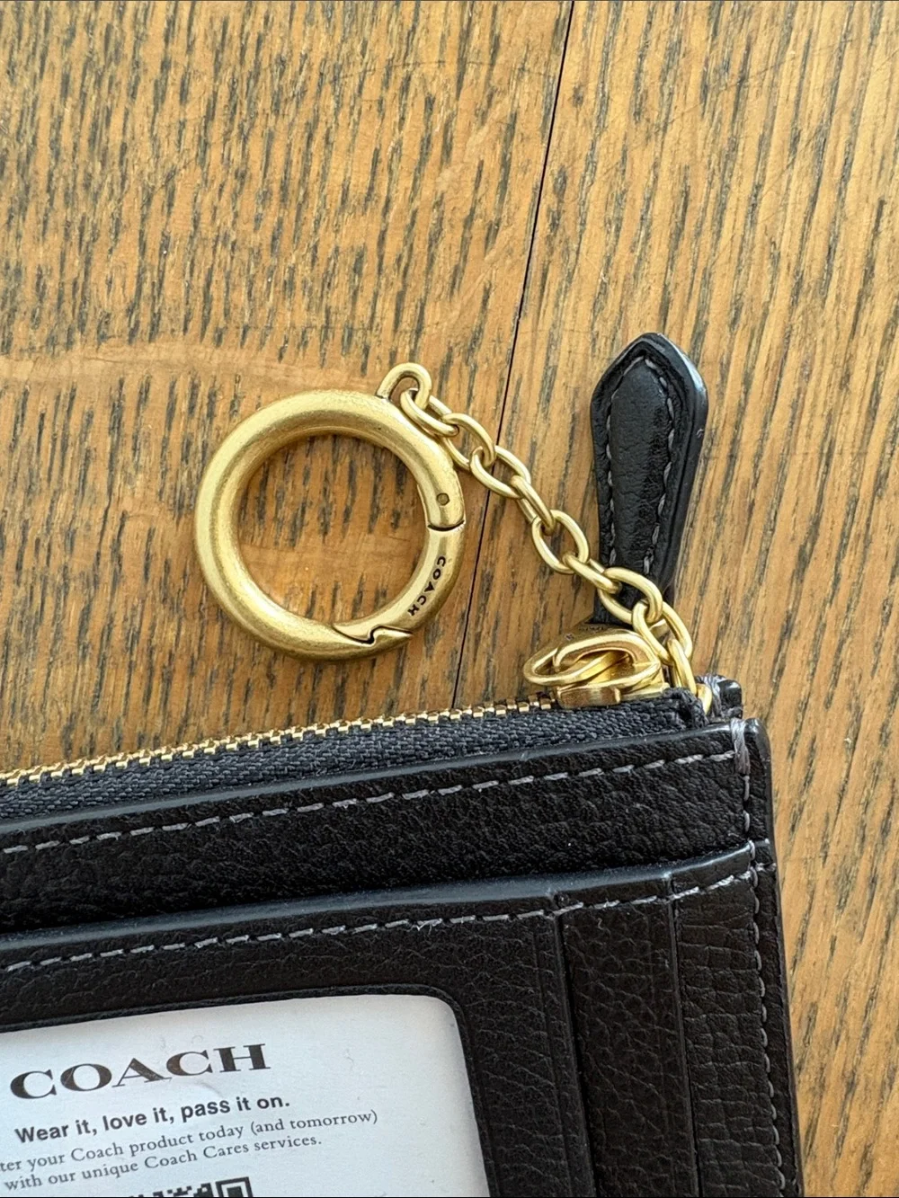 Coach Black Leather Zip Card Holder with Gold 'C' and Keyring